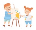 Happy girl and boy painting on easel. Joyful elder brother and little sister playing together cartoon vector