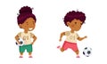 Happy girl and boy playing soccer. Adorable kids running and kicking ball cartoon vector illustration Royalty Free Stock Photo