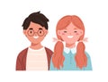 Happy girl and boy portrait. Smiling Asian kids, school friends. Classmates couple, young primary students. Male and Royalty Free Stock Photo