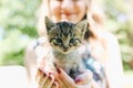 Happy girl with bright nails is holding small cute kitten in her hands. Smiling woman is playing with a cat outdoors. Furry pet Royalty Free Stock Photo