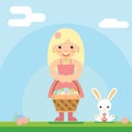 Happy girl bunny basket easter egg icon sky background template flat design vector illustration Royalty Free Stock Photo
