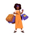 Happy girl buyer holding many shopping bags and mobile phone. Young black woman customer in modern fashion clothes