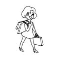 Happy girl carries shopping. Linear art on a white background