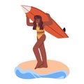 Happy girl carrying surfboard. Active young woman surfer walking with board for surfing on sea beach. Water sport