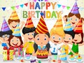 Happy girl cartoon blowing birthday candles with his friends Royalty Free Stock Photo