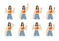 Happy girl in casual clothes shows different hand gestures. Ok, thumbs up, hello, phone in hand. Female character, student or