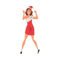 Happy Girl Celebrating Christmas Wearing Red Santa Claus Dress and Hat Vector Illustration