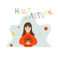 Happy girl or character with a Cup of hot coffee in her hands. Autumn concept. Leaf fall Cozy warm autumn