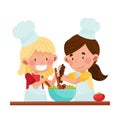Happy Girl Chef Characters Wearing Apron and Hat Dressing Salad Vector Illustration Royalty Free Stock Photo