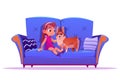 Happy girl child with dog pet on couch cartoon Royalty Free Stock Photo