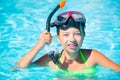 Happy girl child playing in the pool on a sunny day. Cute little girl enjoying holiday vacation Royalty Free Stock Photo