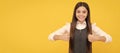 Happy girl child in school uniform smile showing double thumbs up hand gesture, satisfaction. Child face, horizontal Royalty Free Stock Photo