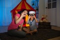 Happy girl children as sailor using telescope Royalty Free Stock Photo