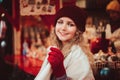 happy girl on christmas shopping at city holiday market Royalty Free Stock Photo