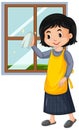 Happy girl cleaning window on white background Royalty Free Stock Photo