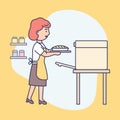 Happy Girl Is Cooking Food At The Kitchen, Baking Tasty Pie Or Bread. Female Character Is Taking Dish Out The Oven