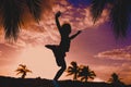 Happy girl dance and have fun on sunset beach Royalty Free Stock Photo