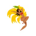 Happy girl dancing samba, beautiful Brazilian woman in festive costume with bright plumage vector Illustration on a