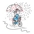 Happy girl with dog rides bicycle under umbrella.