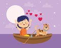 Happy girl and dog in wooden canoe, colorful design