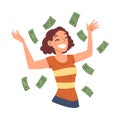 Happy Girl with Dollar Bills Flying around Her, Successful Rich Woman Enjoying Rain of Money Vector Illustration on
