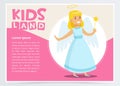 Happy girl dressed as angel, cute kid in Christmas costume for masquerade, kids land banner flat vector element for