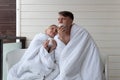 Happy girl drink guy couple blanket cute married embracing nature, concept two man for romance for leisure cozy, awake