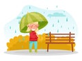 Happy Girl Enjoy Fall Season with Umbrella at Rainy Day Bright Vector Illustration Royalty Free Stock Photo