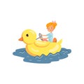 Happy girl enjoying water rides on a floating giant yellow duck in amusement park cartoon vector Illustration Royalty Free Stock Photo