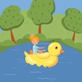 Happy girl enjoying water rides on a floating giant yellow duck on lake, summer landscape vector Illustration, colorful Royalty Free Stock Photo