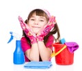 Happy girl with equipment for cleaning the house. isolated on white Royalty Free Stock Photo