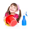 Happy girl with equipment for cleaning the house. isolated on white Royalty Free Stock Photo