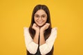 Happy girl face, positive and smiling emotions. Emotional portrait of caucasian teenager child girl isolated on studio Royalty Free Stock Photo