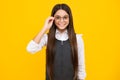 Happy girl face, positive and smiling emotions. Tennager child girl wear eyeglasses looking at camera with confidence