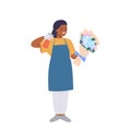 Happy girl florist cartoon character spraying flower bouquet with water making creative composition