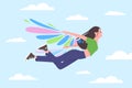 Happy girl flying on colorful wings in blue sky with clouds, teen dreaming about freedom Royalty Free Stock Photo