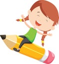 Happy girl flying on a pencil