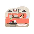 Happy girl, freelancer working on laptop computer from home lying on cozy sofa, flat vector illustration Royalty Free Stock Photo