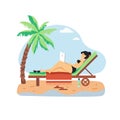 Happy girl, freelancer working on laptop computer sitting on chaise longue on beach, flat vector illustration Royalty Free Stock Photo