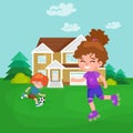 Happy girl fun rollers, children sport kids activity vector illustration