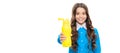 Happy girl give yellow plastic bottle. Hydration fluid. Get hydration from the diet. Horizontal poster of isolated child Royalty Free Stock Photo