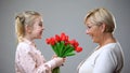 Happy girl giving flowers to grandmother, family tradition, holiday celebration Royalty Free Stock Photo