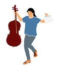 Happy girl graduating music school of cello vector illustration. Young cellist with cello and fiddle bow in hand.