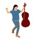 Happy girl graduating music school of cello vector illustration. Young cellist with cello and fiddle bow in hand.