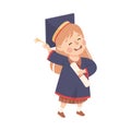 Happy Girl Graduating Wear Blue Gown and Graduation Cap Hold Diploma Vector Illustration