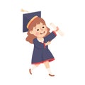 Happy Girl Graduating Wear Blue Gown and Graduation Cap Hold Diploma Vector Illustration
