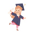 Happy Girl Graduating Wear Blue Gown and Graduation Cap Hold Diploma Vector Illustration