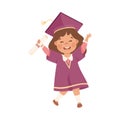 Happy Girl Graduating Wear Purple Gown and Graduation Cap Hold Diploma Vector Illustration