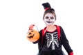 Happy girl in halloween skeleton costume over white