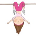 Happy girl hanging upside down on a horizontal bar or a monkey bar in the gym or on the playground, having fun - original hand Royalty Free Stock Photo